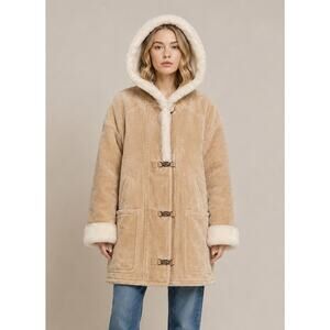 Gallery Beige Shearling Hooded Coat Faux Fur Trim Y2K Winter Jacket